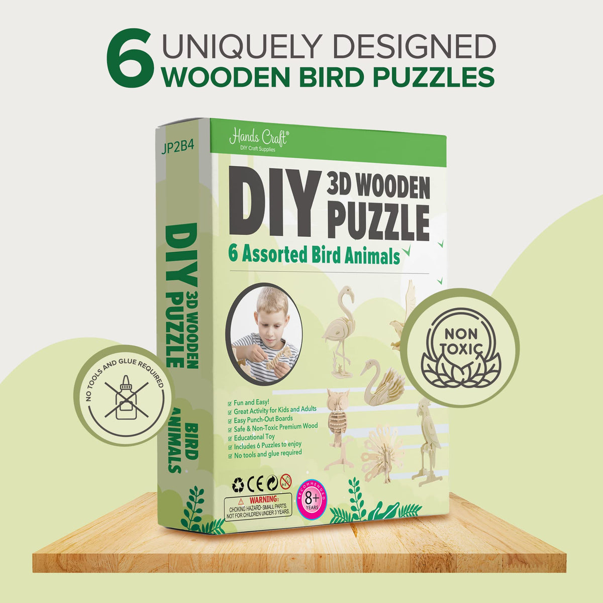 Hands Craft DIY 3D Wooden Puzzle – 6 Assorted Bird Animals Bundle Pack Set Brain Teaser Puzzles Educational STEM Toy Adults and Kids to Build Safe and Non-Toxic Easy Punch Out Premium Wood JP2B4