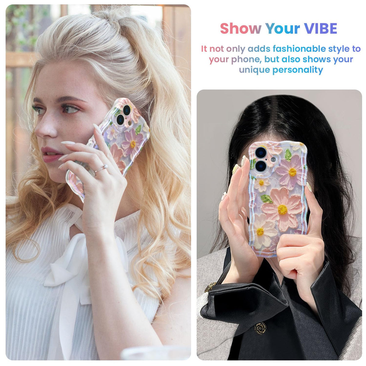 UEEBAI Flower Case for iPhone 17 Case, Colorful Retro Oil Painting Girly Phone Cover Pretty Glossy Pattern Wave Cover Cute Sparkly Floral Curly Shell for Women and Girl, Pink Purple