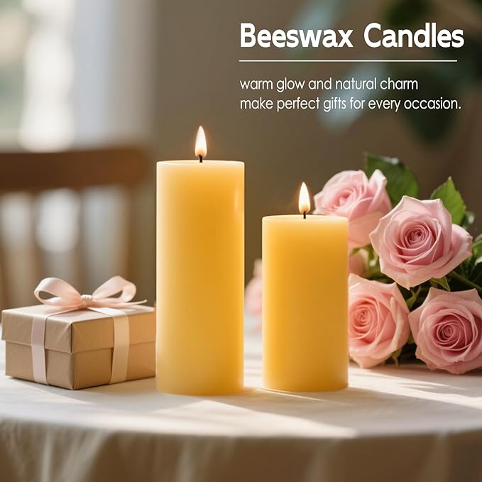 6 Packs 2x5 Inch Beeswax Candles, Natural Beeswax Pillar Candles with 52 Hours Burn Time, Organic Emergency Candle Long Burning for Home Decor, Gift Sending, Smokeless & Dripless