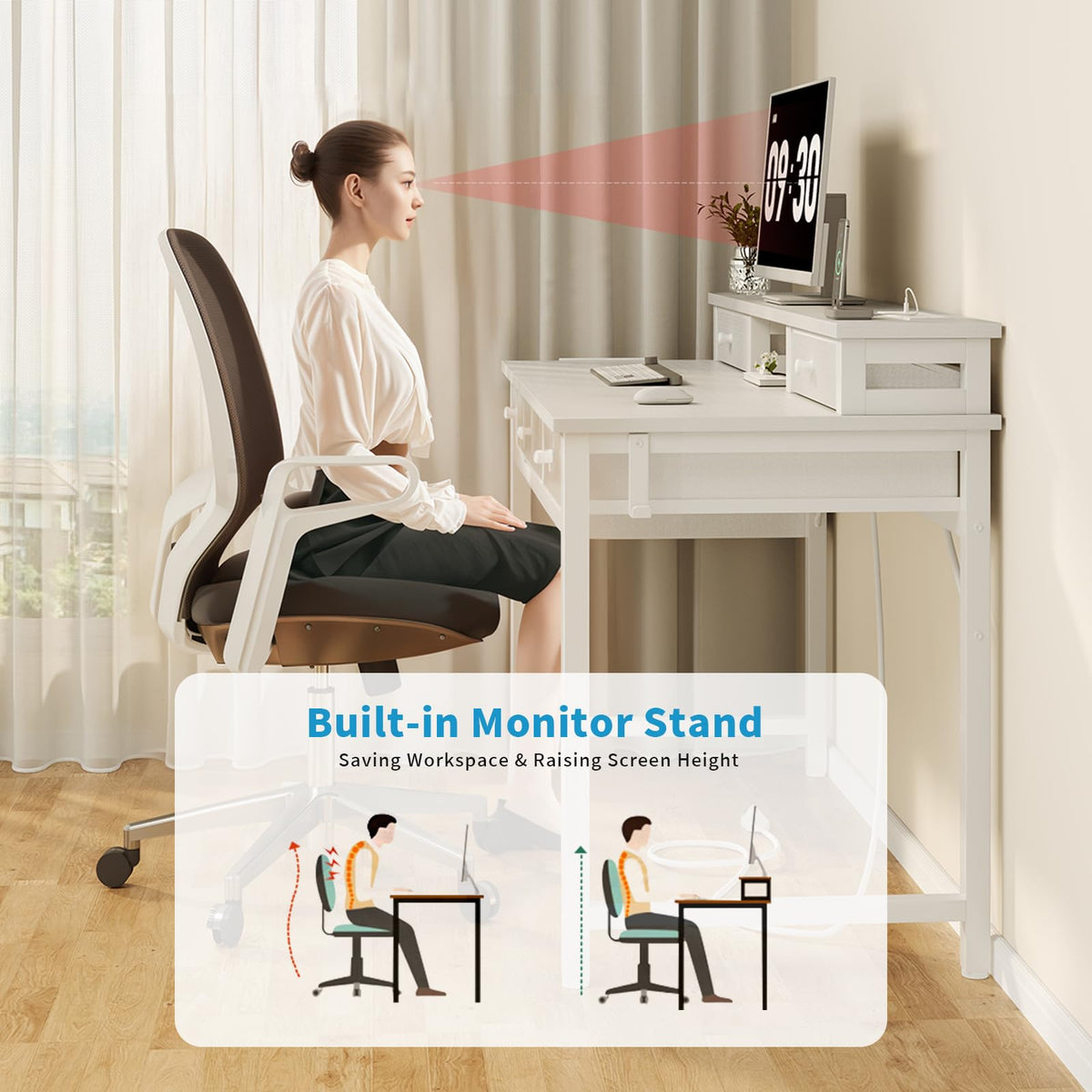 Lufeiya White Computer Desk with Fabric Drawers for Home Office, 40 inch Vanity Makeup Desk with Drawers Storage for Bedroom, Writing Study Table with Power Outlet & Monitor Stand, White