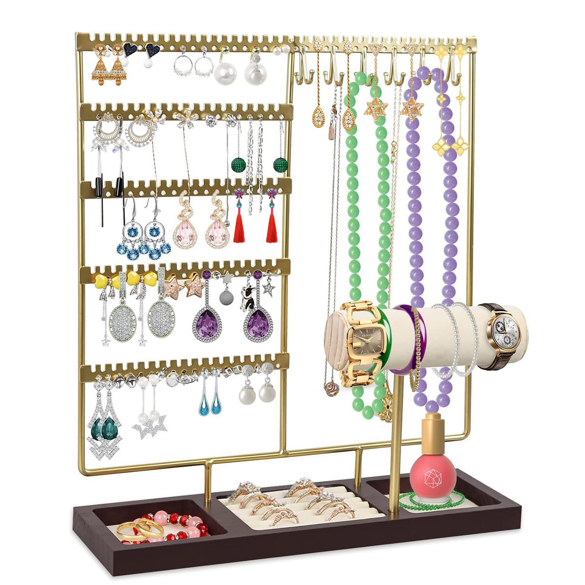 HINIHAO Earring Holder,Jewelry Organizer Stand Necklace Holder, 5-Tier Jewelry Tower Rack 108 Holes, 12 Hooks Necklaces Hanging, for Bracelets Earrings Rings Watches (Gold)
