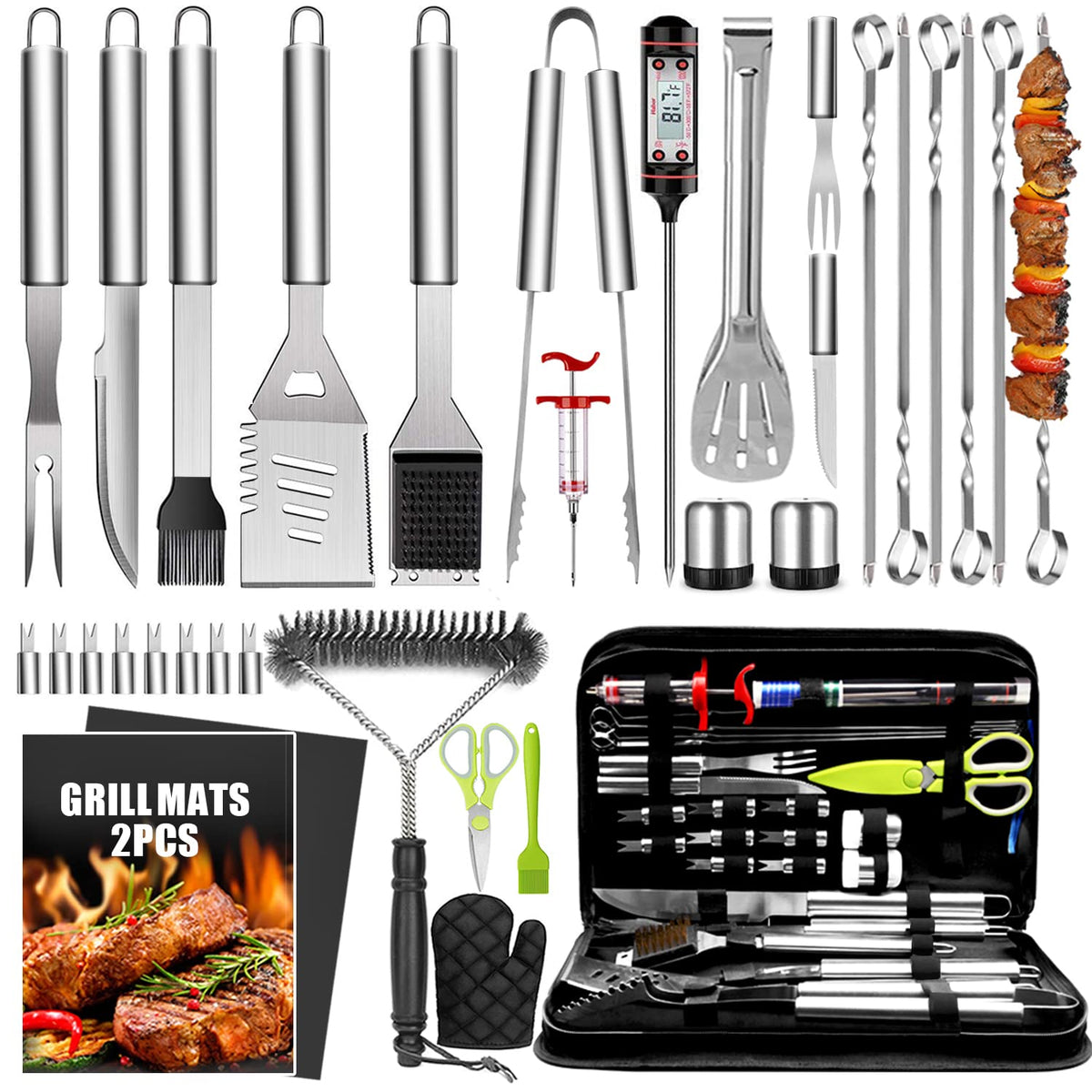 34Pcs Grill Accessories Grilling Gifts for Men, 16 Inches Heavy Duty BBQ Accessories, Stainless Steel BBQ Tools with Thermometer, Grill Mats for Backyard, BBQ Set for Men Women