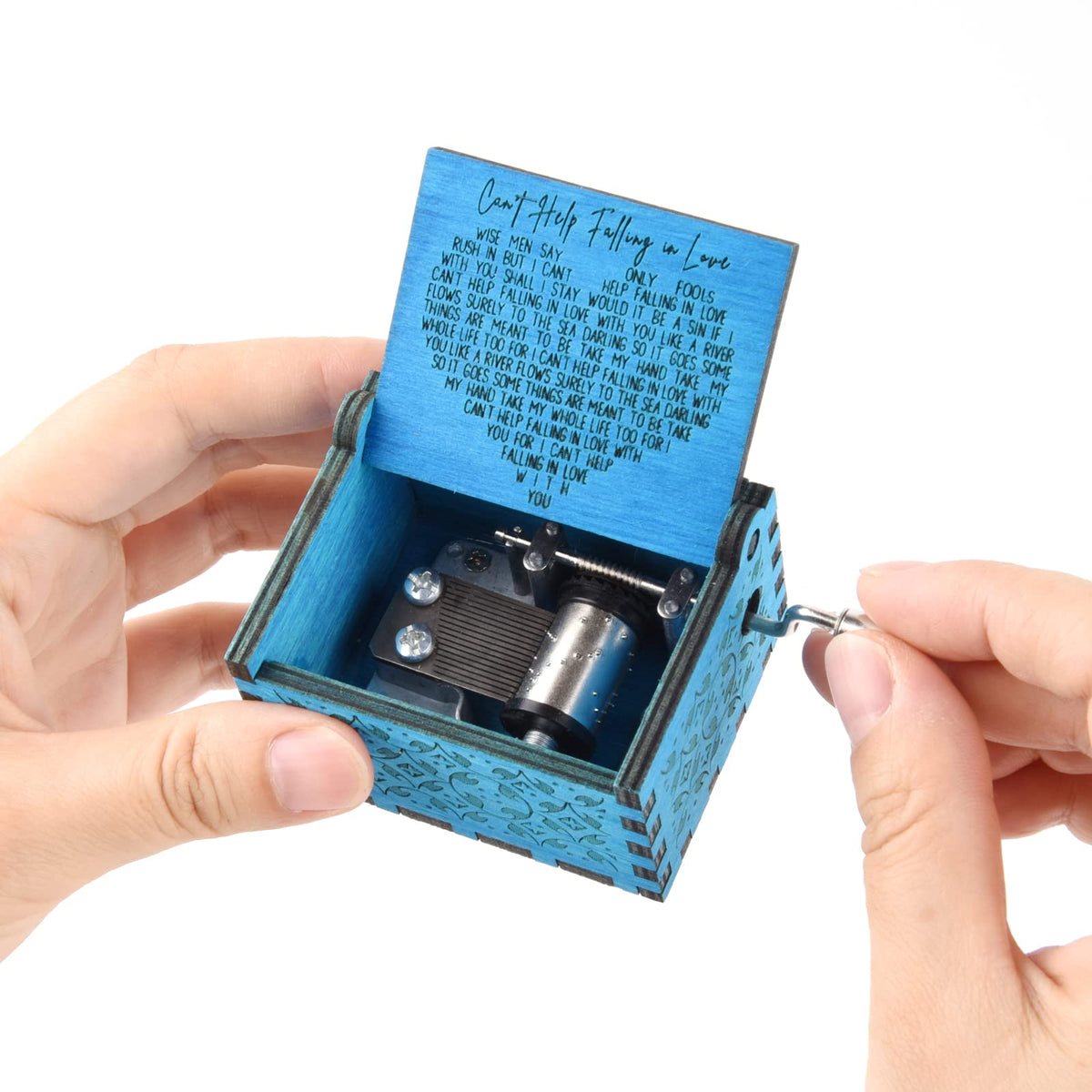 byykit Can't Help Falling in Love Wood Music Box,Antique Engraved Musical Boxes Case for Love One Wooden Music Box - Gifts for Lover,Boyfriend, Girlfriend,Husband,Wife (Blue)