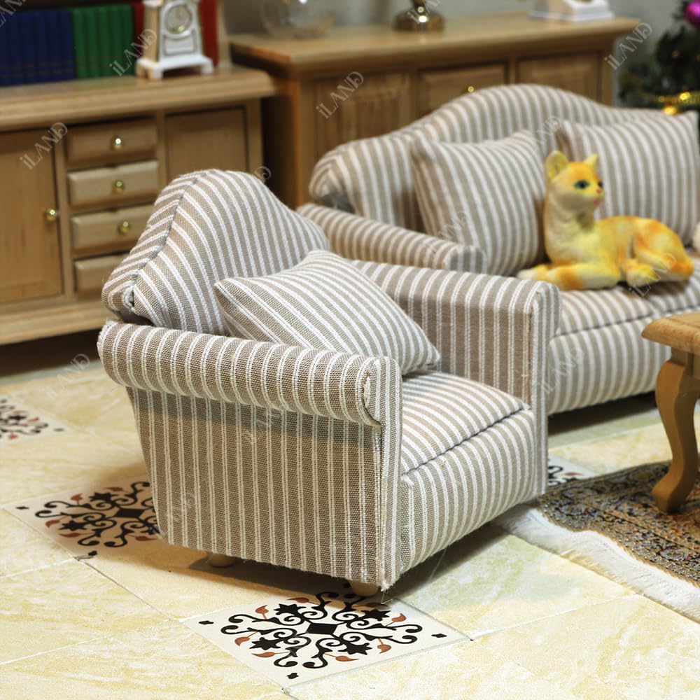 iLAND Miniature Wooden Dollhouse Furniture Set: Sofa, Cabinets, Coffee Table for Dollhouse Living Room (Classic Doll Furniture 7pcs)