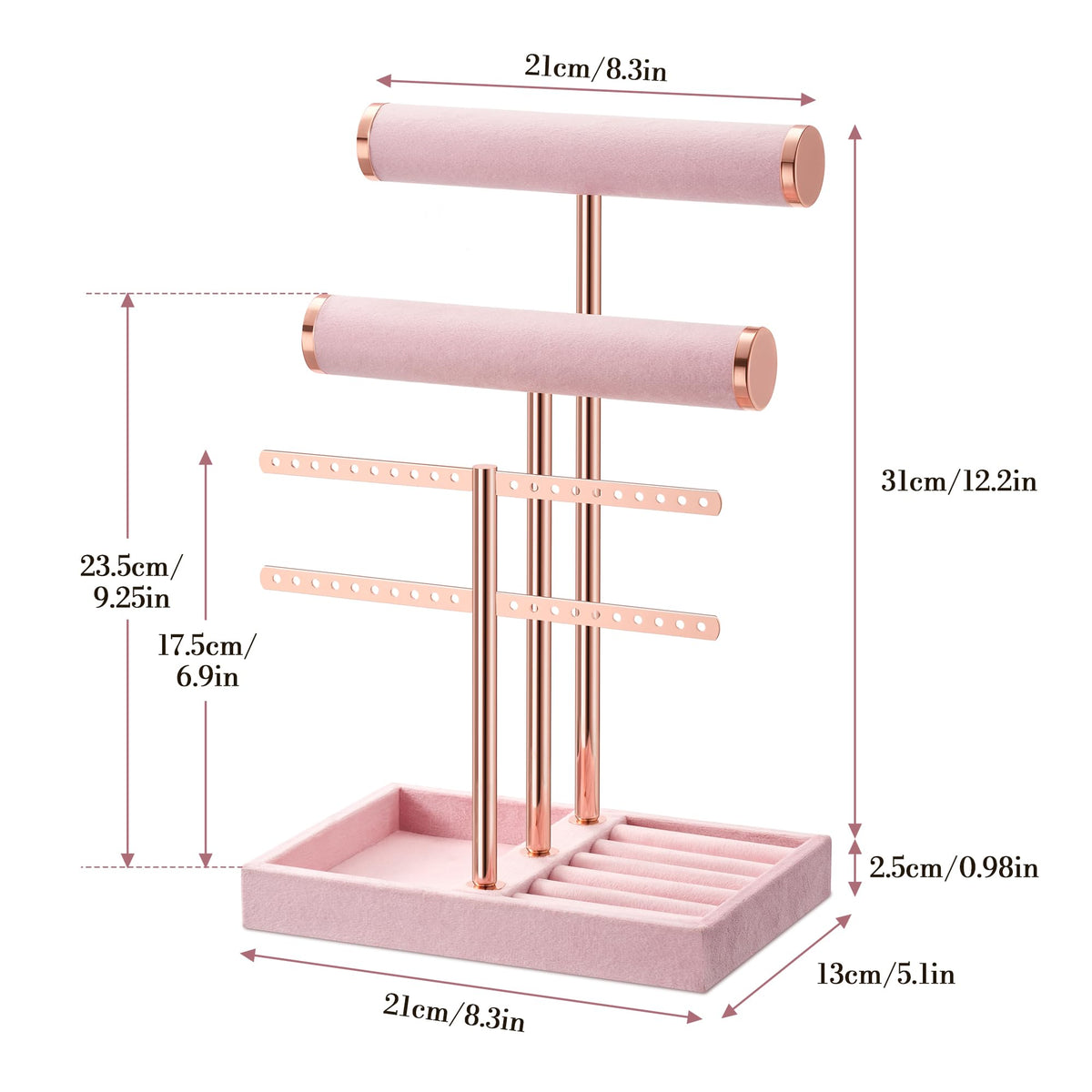 bussdis 3 Tier Bracelet Holder Display - Detachable T Bar Pink Velvet Bracelet Holder, Jewelry Holder Organizer for Bracelet, Necklace, Earrings, Rings