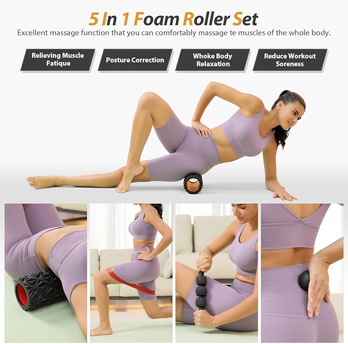 5 in1 Foam Roller Set, Trigger Point Foam Roller, Massage Roller Stick, Massage Ball, Resistance Band for Deep Muscle Massage Pilates Yoga,Fitness Exercise for Whole Body (Pure Black)