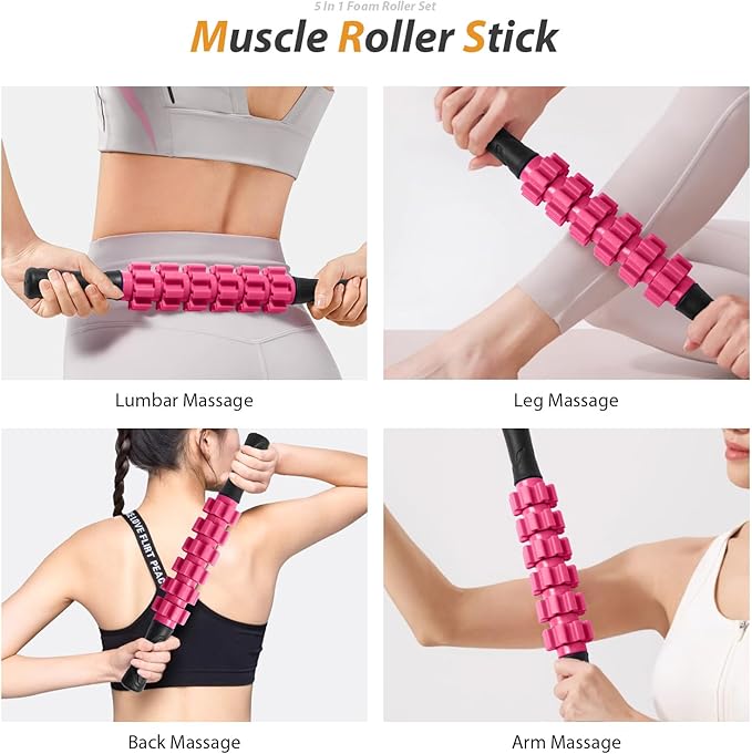 5 in 1 Foam Roller Set for Deep Tissue Muscle Massage, High Density Fitness Exercise Foam Roller, Massage Roller, Massage Ball, Resistance Band, for Whole Body (Pink-Black)