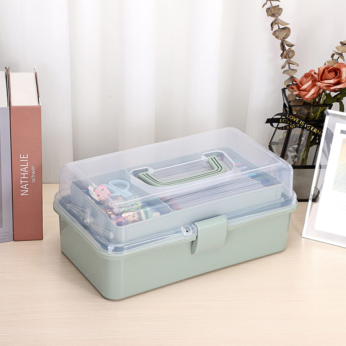 BTSKY 3-Layer Plastic Dividing Storage Box Craft Organizer and Storage with Adjustable Spacers Portable Handled Art Supply Organizer Multipurpose Home Utility Box for Medicine Sewing(Haze Green)