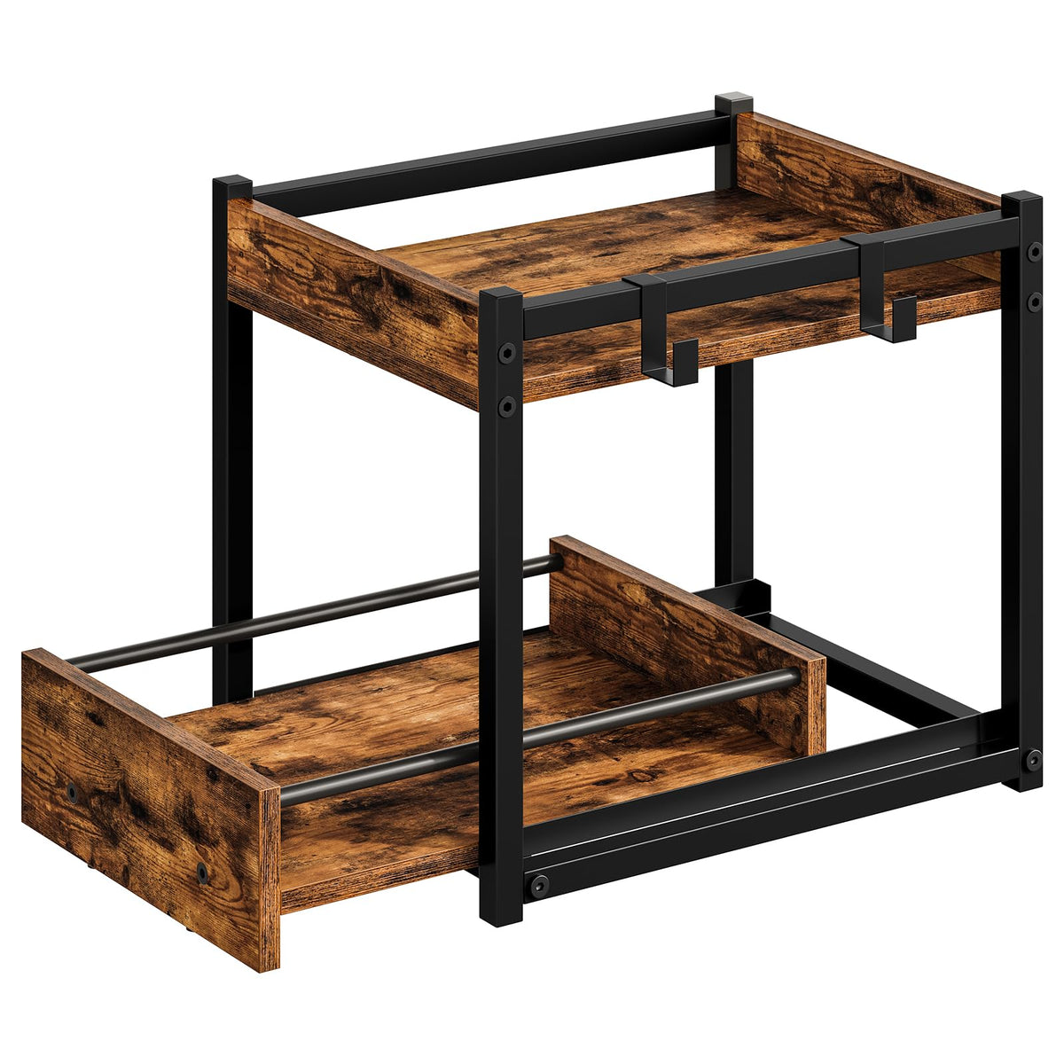HOOBRO Kitchen Countertop Organizer, Corner Shelf Organizer, 2-Tier Spice Rack with Pull-Out Shelf and Hooks, for Kitchen, Office, Study, Bedroom, Living Room, Rustic Brown and Black BF08TL01