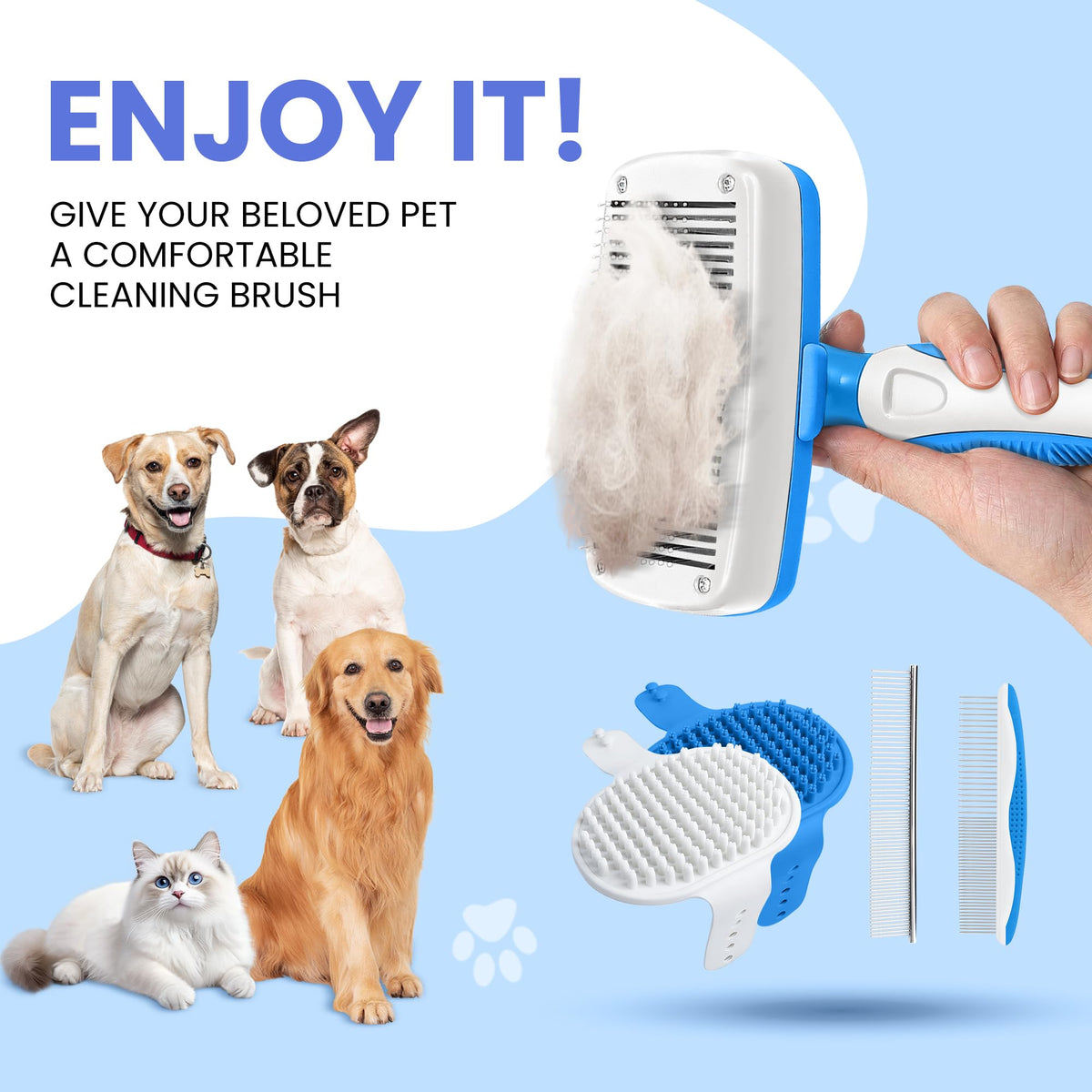 Self Cleaning Shedding Brush - 5-in-1 Professional Pet Grooming Kit Skin Friendly Grooming Tool for Dogs, Cats, and Puppies, Deshedding and Hair Removal for Long and Short Haired Pets（Blue-White）