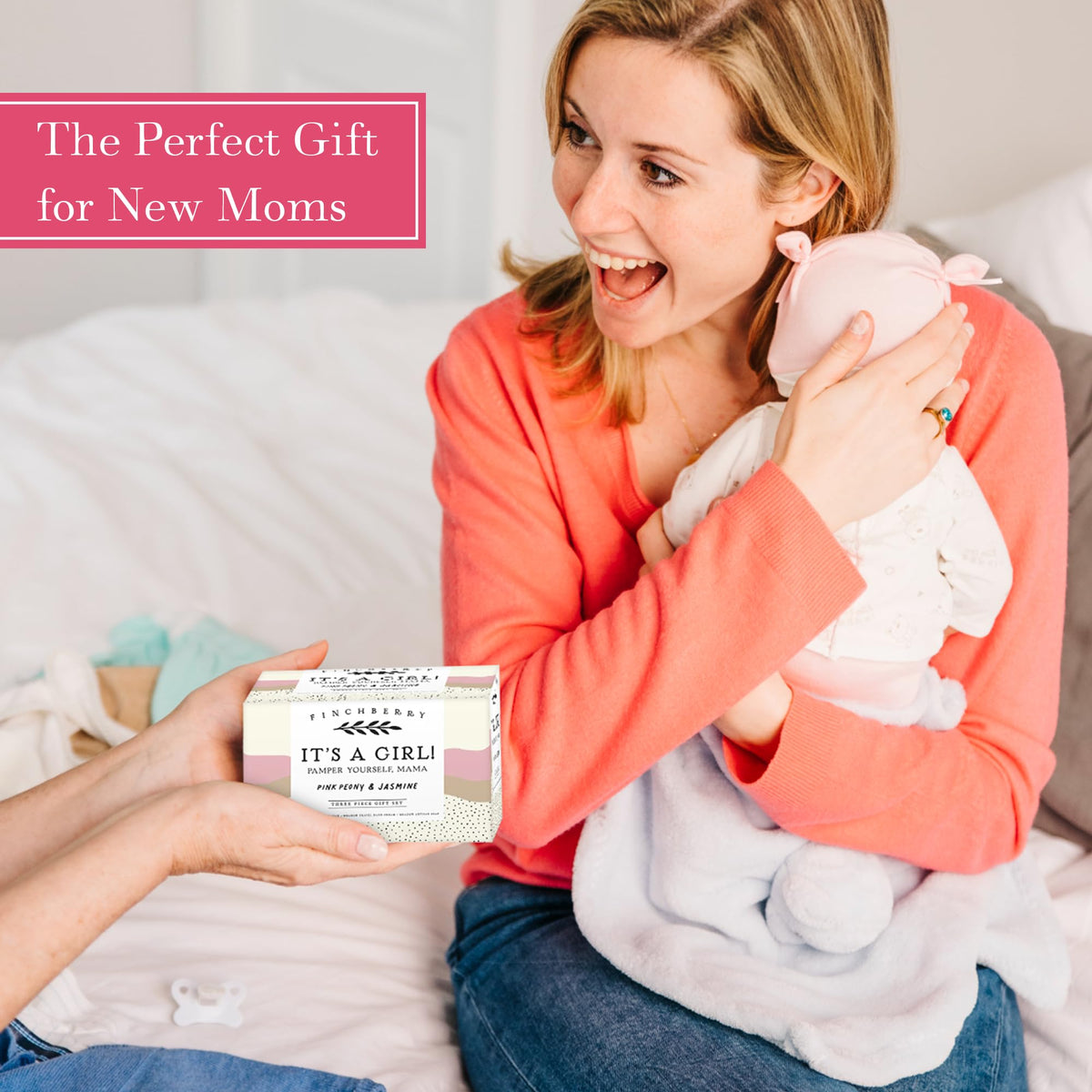 FinchBerry 3-Piece Gift Set - It’s A Girl! Baby Shower Gift, New Mom Care Package, First-Time Mom Gifts, Baby Girl Gift – Includes Handmade Shea Butter Soap(4.5oz), Bath Soak (20oz) & Hand Cream (1oz)