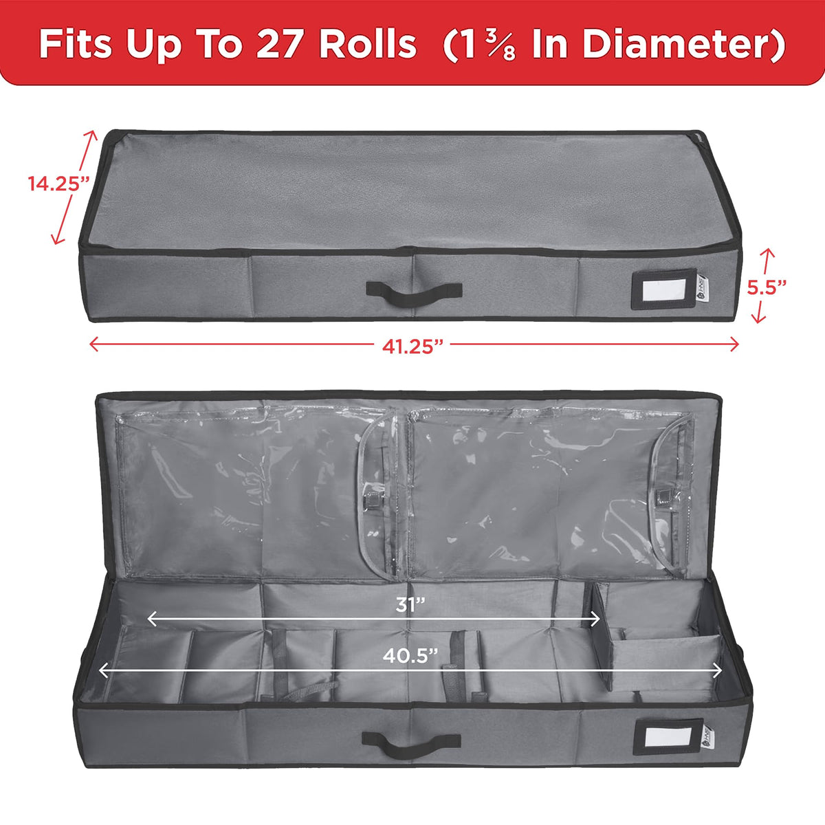 HOLDN’ STORAGE Premium Wrapping Paper Storage Container - Durable 600D Tear-Proof, Fits 27 Rolls Gift Wrap, Extra Pockets for Ribbons & Bows, Underbed Storage - Ideal for Holiday Christmas, Gray