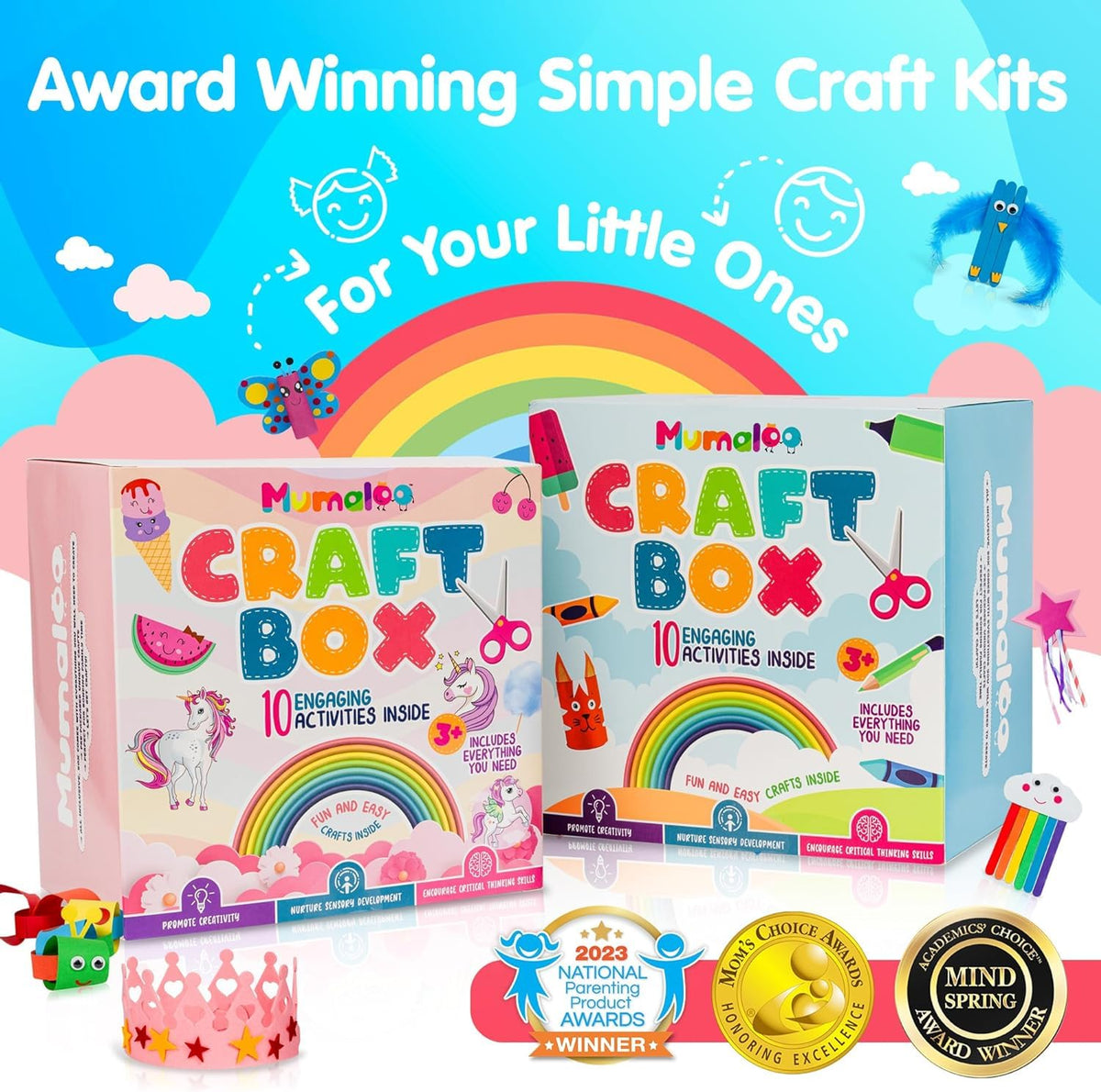 Mumaloo Craft Box for Kids - 10 Creative Arts and Crafts for Kids Ages 4-8, Fun, No Mess Educational Preschool & Homeschool Art Projects, Toddler Crafts Kit Supplies, 3 4 5 6 7 8 Year Old Girls & Boys