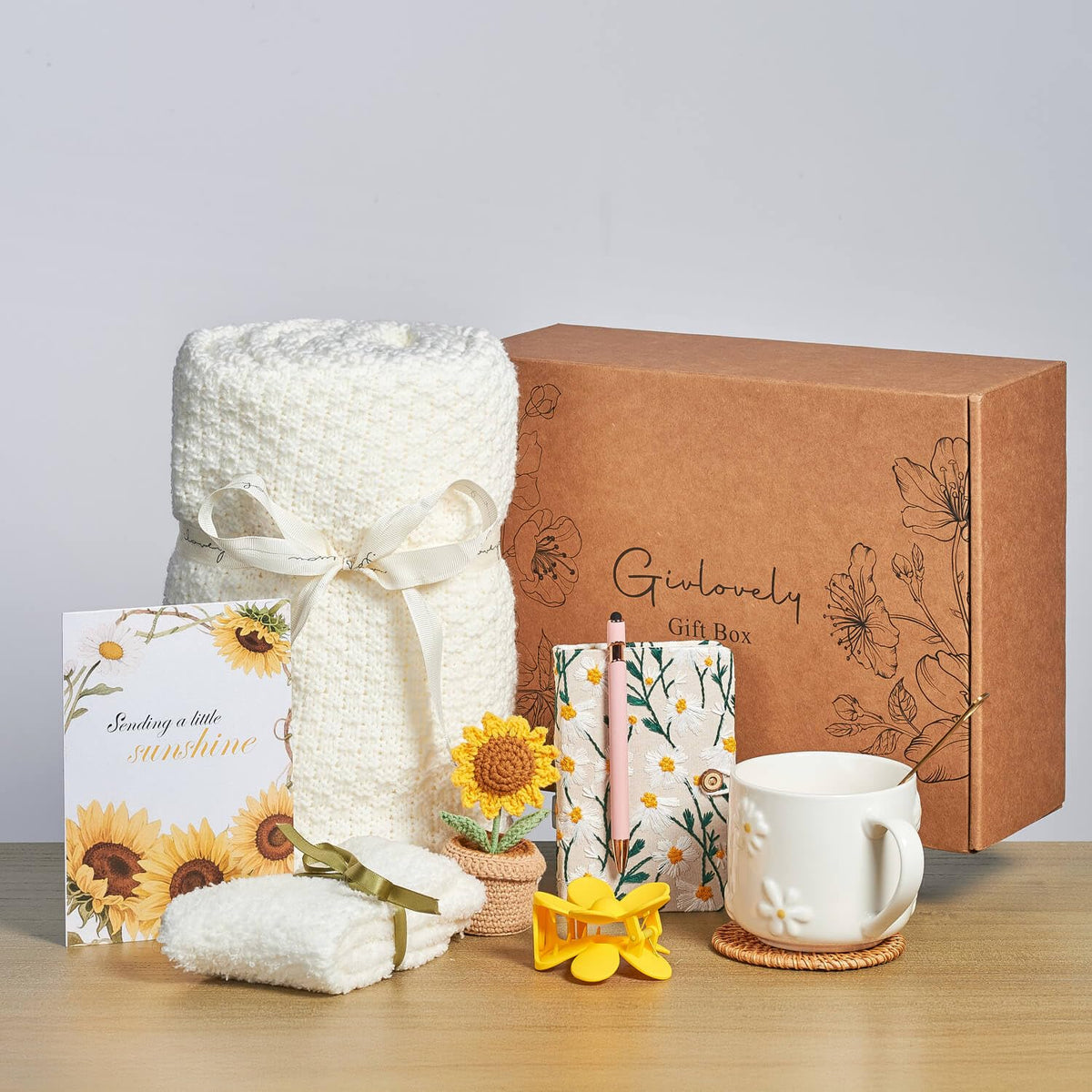 GivLovely Thinking of You Gifts for Women & Cozy Self Care Gift Box | Get Well, Birthday | Sunflower Themed Care Package | A Sending Sunshine Hug in a Box