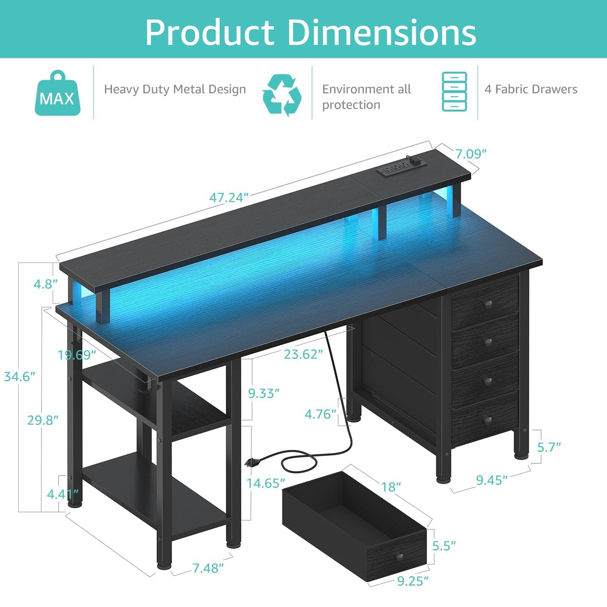 Lufeiya Black Gaming Desk with LED Lights and Power Outlets, 47 inch Computer Desk with Fabric Drawers and Storage Shelves, Home Office Desk with Monitor Stand, Black