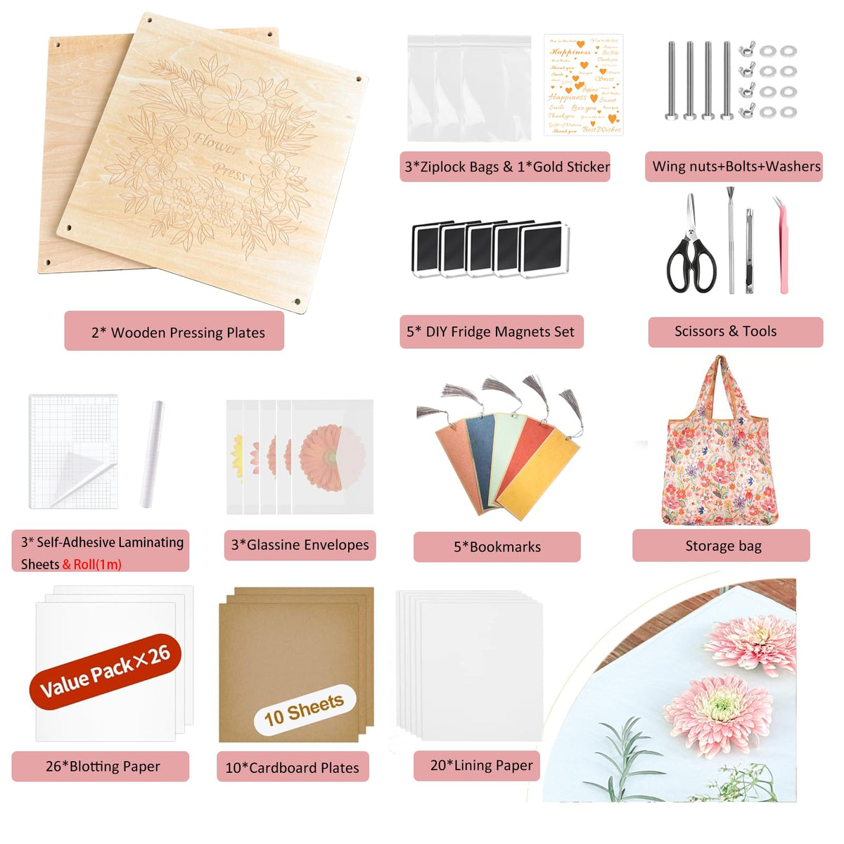KAXYEW Large Flower Press Kit, 11"x11" Wooden Flowers Pressing Boards with Storage Bag, DIY Pressed Flowers Art - Fridge Magnet Bookmark Art Craftst Presservation Gifts for Flower Plant Lovers