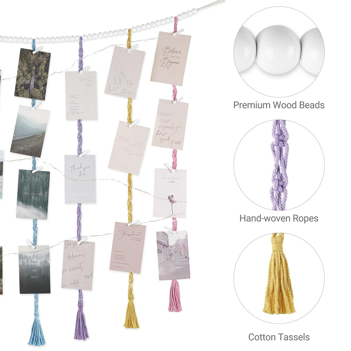 Mkono Macrame Hanging Photo Display Wall Decor with String Lights, Boho Wooden Beads Garland Collage Picture Card Frame Holder with 45 Clips for Bedroom Living Room Dorm, Teen Girls Christmas Gifts