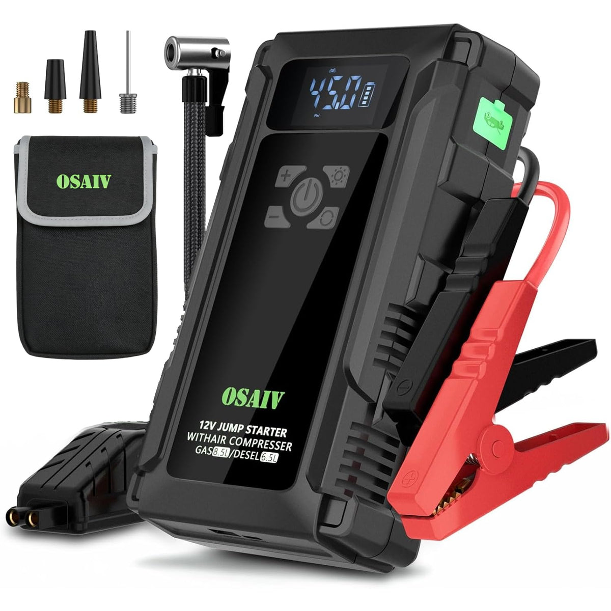 osaiv Jump Starter with Air Compressor, 3000A Car Battery Jump Box for 8.5 Gas/6.5L Diesel Vehicles, 150PSI Tire Inflator Auto-Shutoff, 10 Safety Modes, 3-Mode Emergency Light