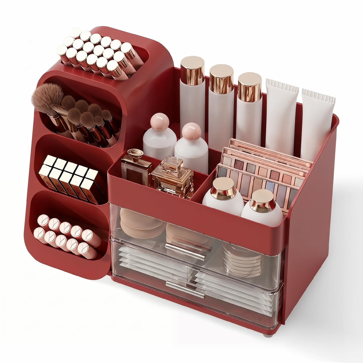 Booklov Makeup Organizer for Vanity, Large Capacity Cosmetic Display Case with Clear Acrylic Drawers, Countertop Beauty Storage Holder for Skincare, Brush Eyeshadow Lipstick, Counter Desk, Crystal Red