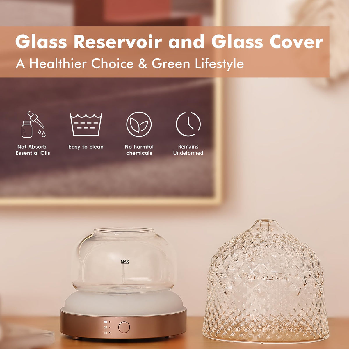 200ml Glass Reservoir Essential Oil Diffuser with Glass Dome Ultrasonic Aromatherapy Diffuser with Four Timer Colorful Light Auto-Off for Home Office Bedroom