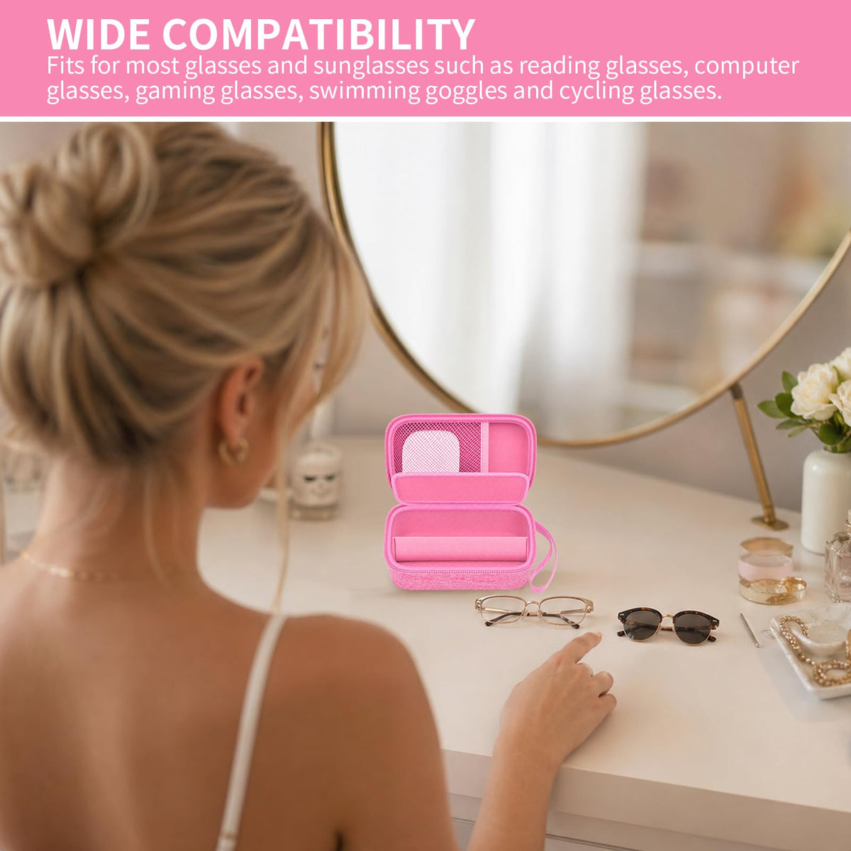 GWCASE Travel Glasses Organizer & Contact Lens Case - Adjustable Slots, Built-in Mirror, Tweezers, Solution Bottle & Hand Strap, Universal Fits Eyelasses/Sunglasses for Men & Women – Pink