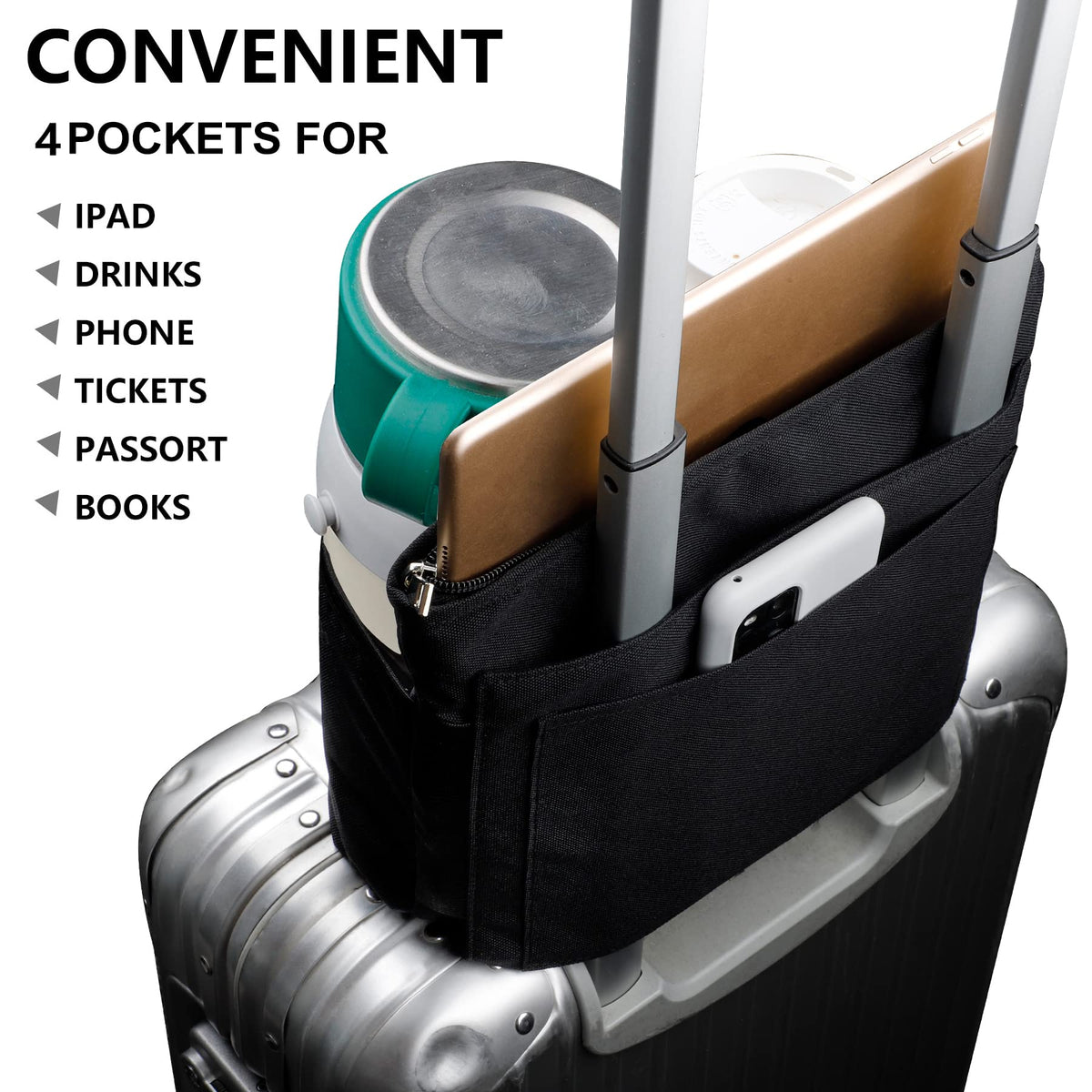 riemot Luggage Travel Cup Tablet Holder - Hold Ipad Books Passports Tickets Water Bottles - Fits Roll on Suitcase Handles - Gifts for Flight Attendants Travelers Accessories Black