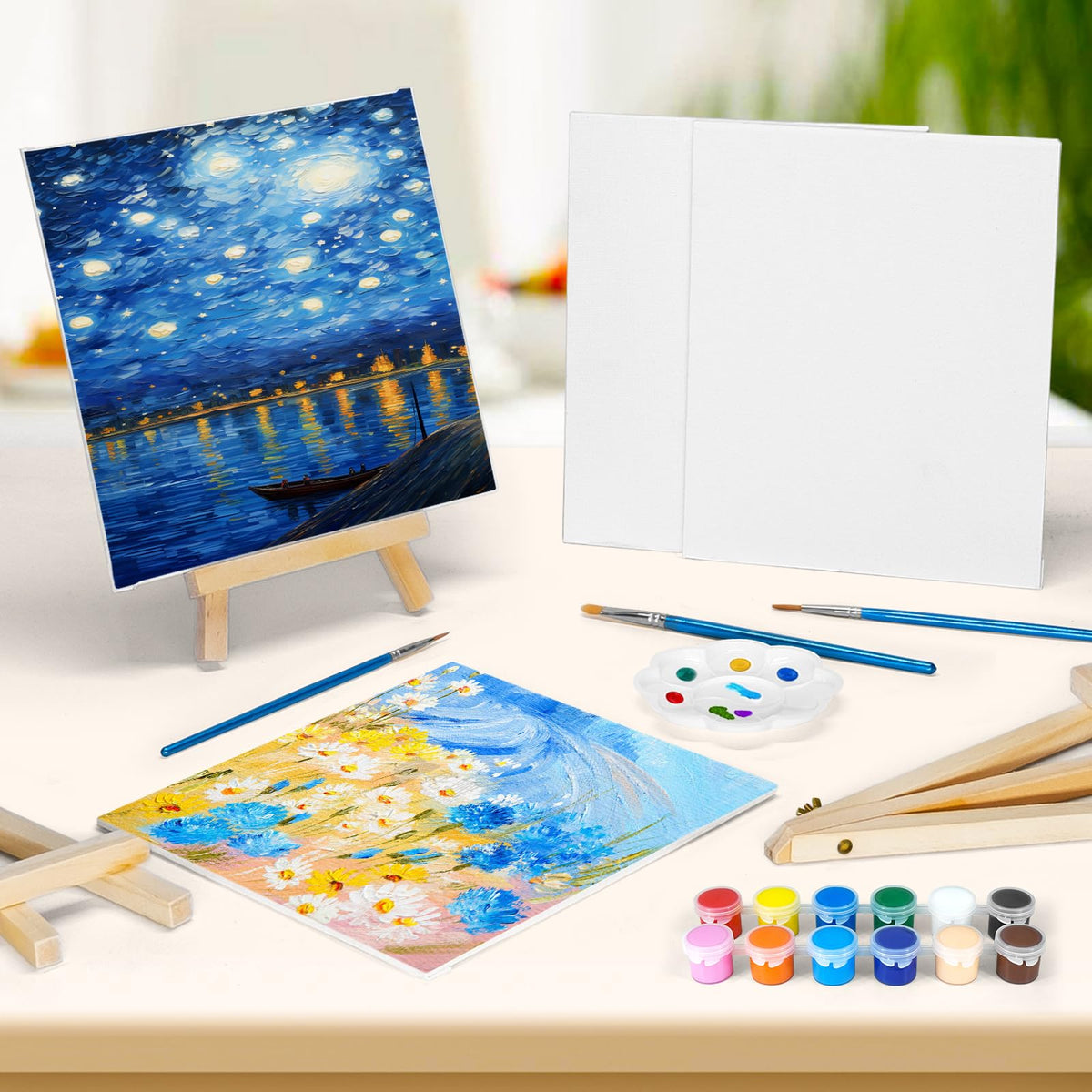 8 Pack 8 * 10In Canvas Boards for Painting, Art Canvas for Drawing with 16 Brushes & 8 Paint Trays & 16 Acrylic Paint, Mini Painting Canvas with Easel Set, Painting Kits for Adults Party