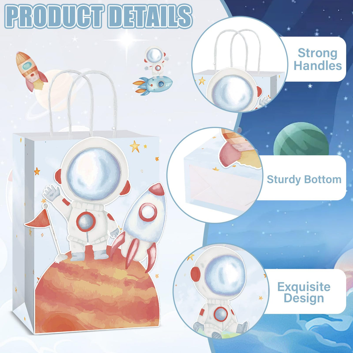 Naozinebi 12 Pcs Outer Space Party Favors Bags with Handles Astronaut Galaxy Theme Party Supplies Solar System Goodie Gift Rocket Paper Bag for Kids Birthday in 6 styles Gift Bags for Baby Shower