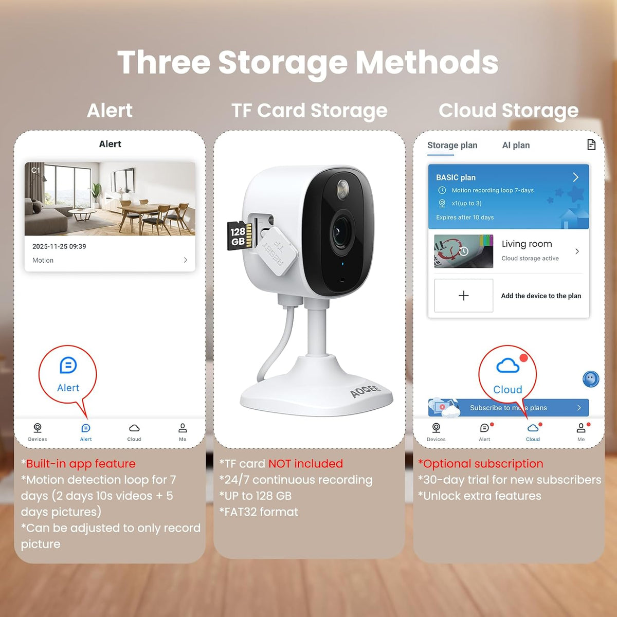 AOQEE 2K 24/7 (C1-White-3pack-2.4G) Cameras for Home Security-Outdoor/Indoor Camera for Dog/Cat/Pet/Nanny/Baby/Elderly