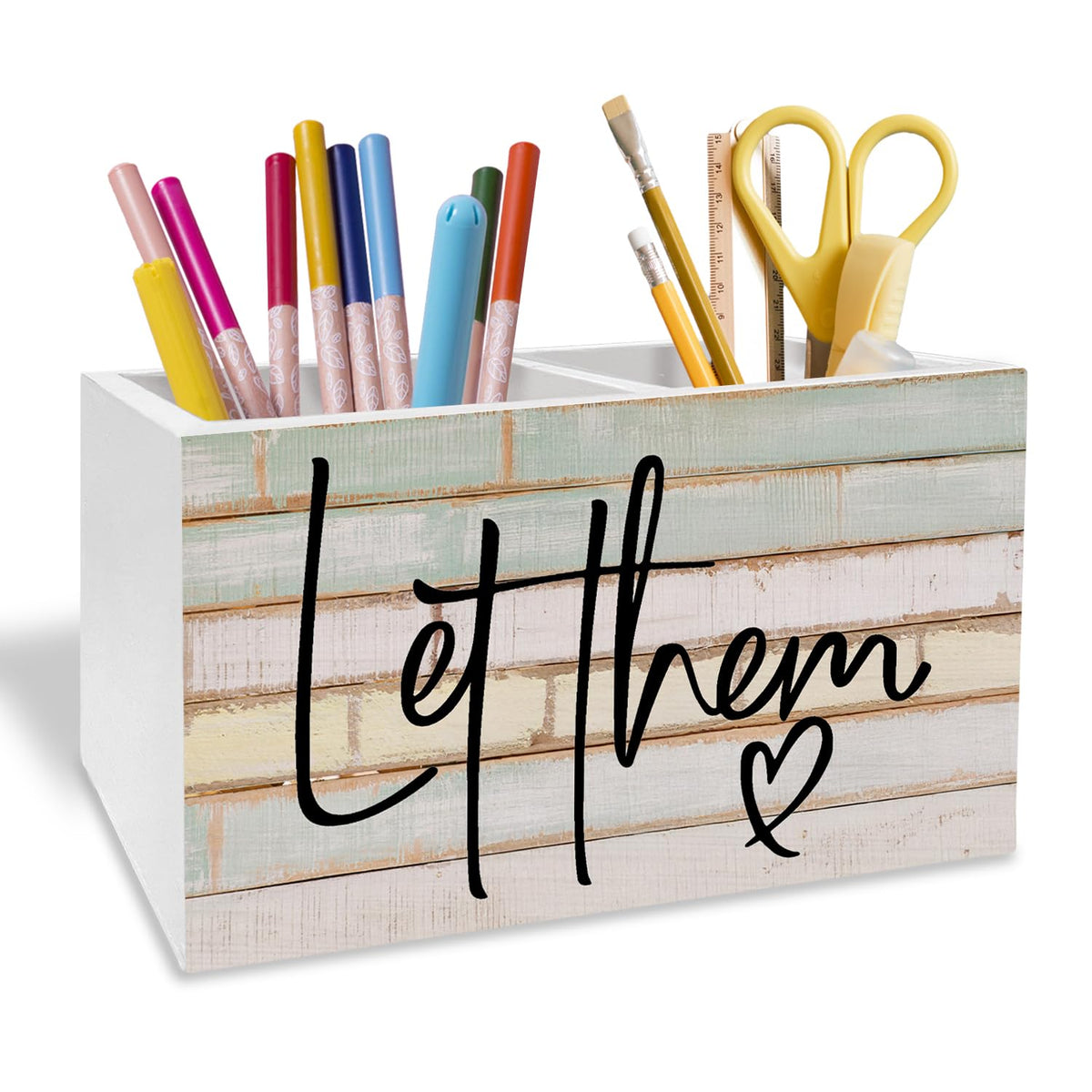 METNBASYY Rustic Let Them Inspirational Pen Holder for Desk, Motivational Gifts Pencil Organizer, Mental Health Psychology Gifts Wooden Box Sign Desk Decor for Home Office Decoration