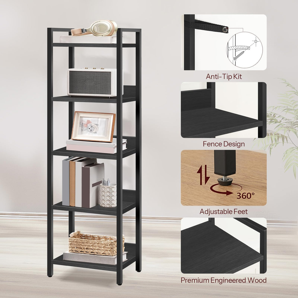 MAHANCRIS 5-Tier Bookshelf Bookcase and Clamp On Desk Organizer Bundle, Shelves Organizer for Small Spaces, 2-Tier Desktop Bookshelf, for Office, Study and Game Room, BKHB5501-DSBK3501
