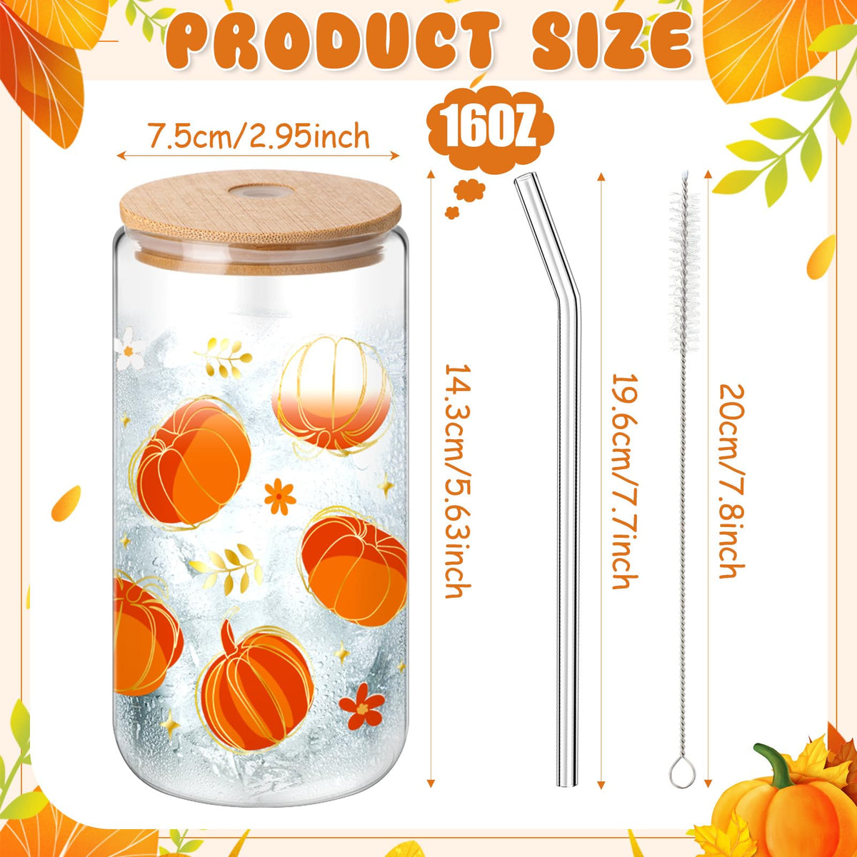 Yetene 12 Pcs Thanksgiving Fall Glass Cups Gifts 16 oz Color Changing Pumpkin Glass Tumblers with Lids Straws Brushes Funny Fall Pumpkin Iced Coffee Cups for Autumn Halloween Party Gifts Supplies