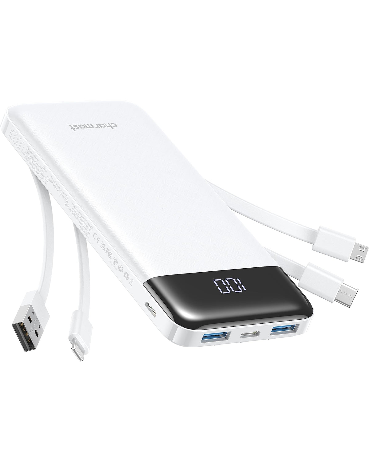 Charmast Portable Charger with Built in Cables, Power Bank with Cords Wires, Slim 10000mAh Travel Battery Pack 6 Outputs 3 Inputs 3A Fast Charging for Samsung Google Pixel LG Moto iPhone iPad