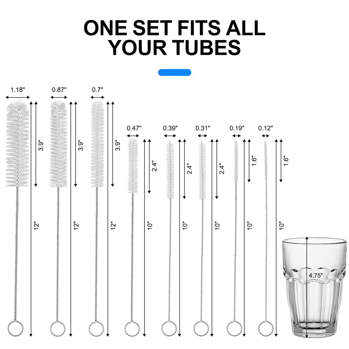 8 Pack Straw Brush Cleaner with Different Diameters (3mm-30mm) - 12" Long Nylon Brush for Water Bottles, Baby Bottles, Sippy Cups & Tumblers | Reusable Tube Cleaner for Straws and Narrow Pipes