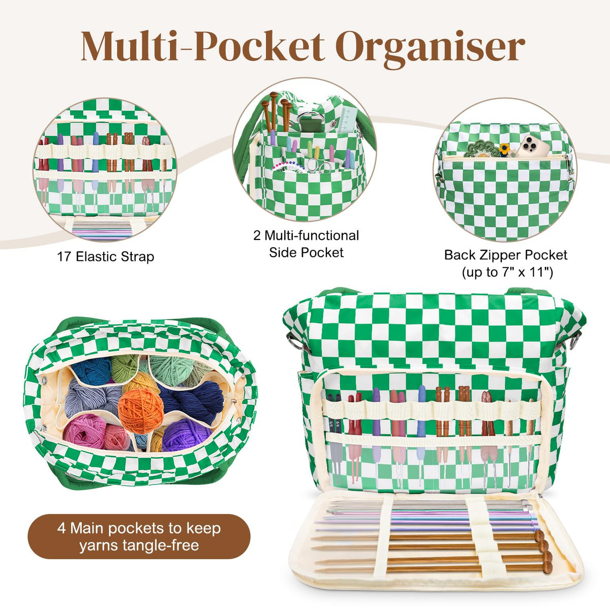 DALINDA Crochet Bag and Tote - Yarn Bag Crochet Storage Bag for Crochet Supplies,Crochet Accessories, Knitting Bag for Crochet Lovers, Ideal Crochet Gifts (Green Plaid)