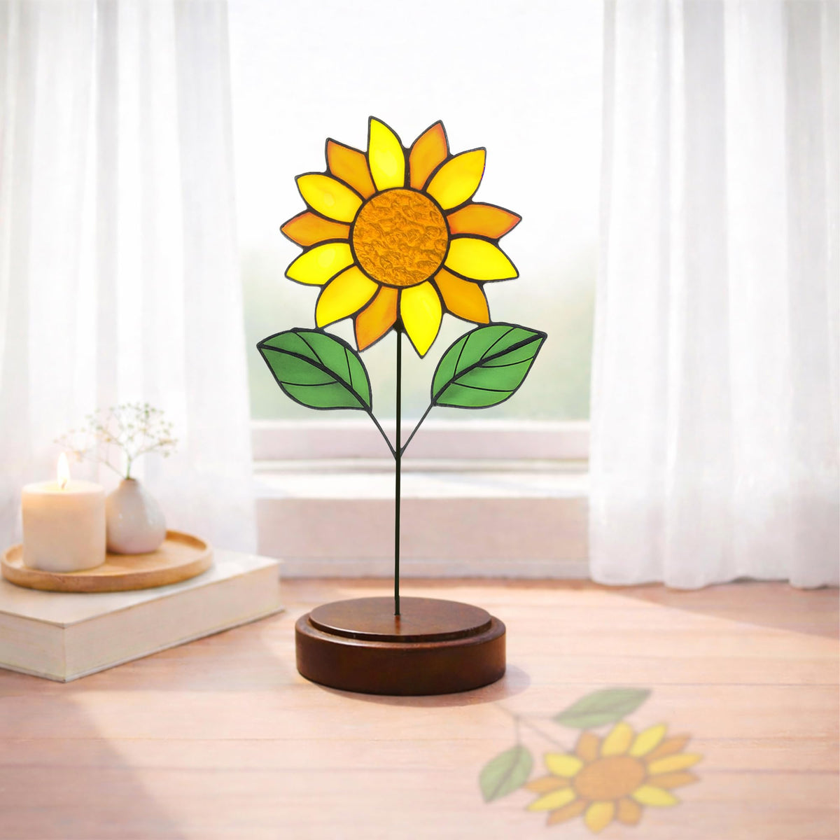 Verssure Stained Glass Flowers, Stained Glass Sunflower with Wood Base,Suncather Decor Mother's Day Birthday Gifts for Women, Home Party Tabletop Decorations