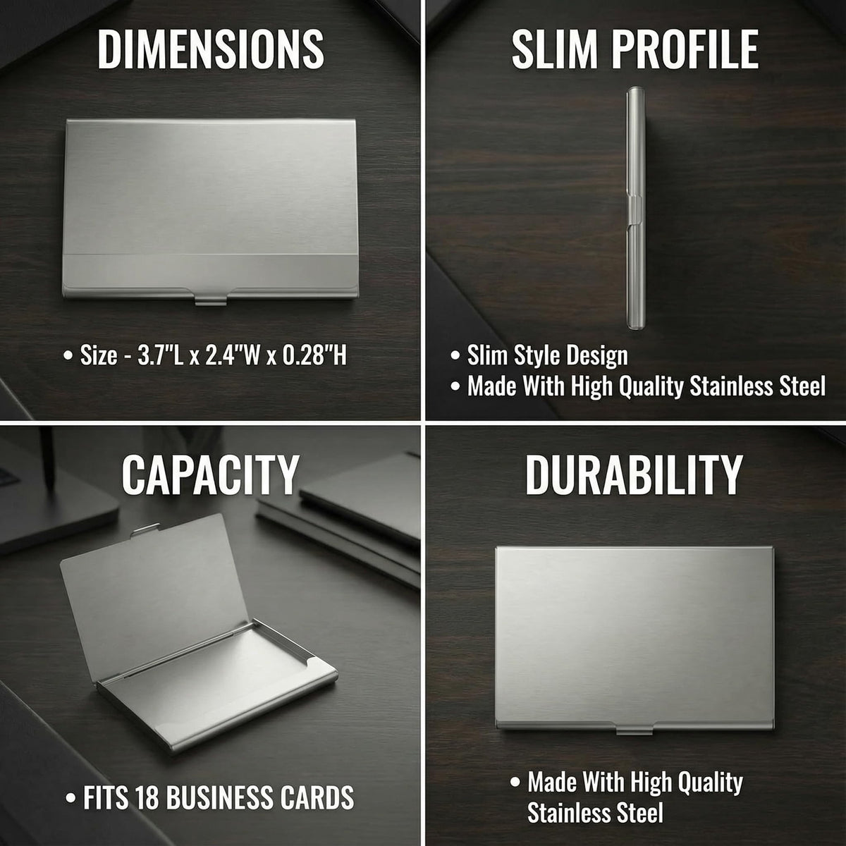 Business Card Holder, for Men and Women, Slim Minimalist Design Case, Stainless Steel Metal, Fits 18 Business Cards in Pocket