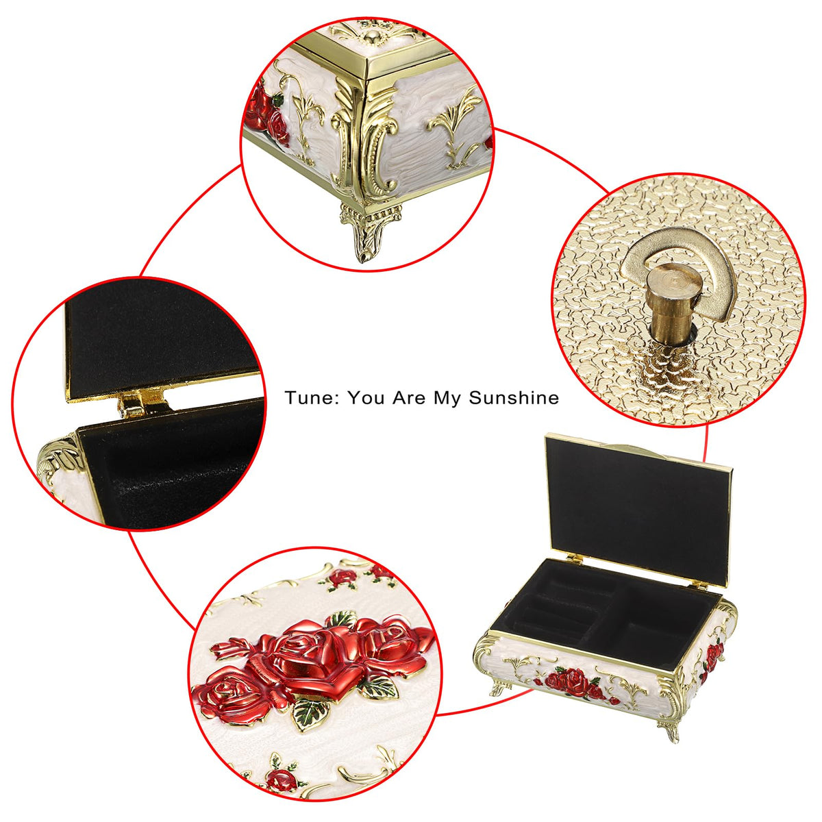 ELLDOO Vintage Music Box, Beige Metal Musical Jewelry Box Keepsake Box, Small Trinket Jewelry Storage Box Gift for Girl Women (Tune: You are My Sunshine), Red Rose Pattern