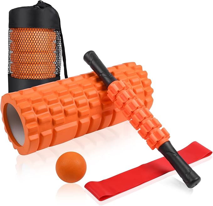 5 in 1 Foam Roller Set Includes Hollow Core Massage Roller, Yoga Stick, Massage Ball, Fitness Stretching Strap, Carrying Bag, Towel, Massage Roller (Orange)