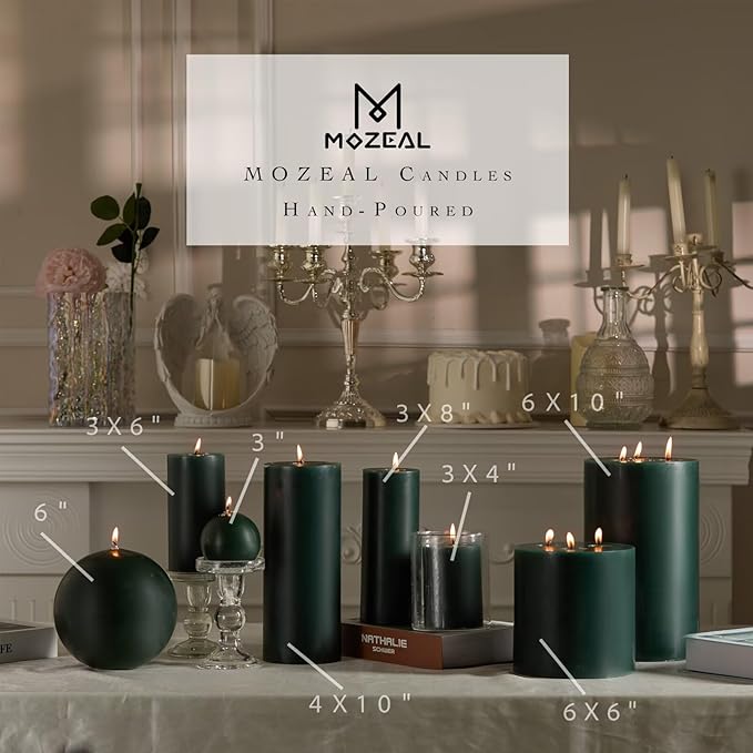 MOZEAL 4" x 12" Extra-Large Dark Green Pillar Candles (Set of 2),Unscented,Dripless, Smokeless,Long Clean-Burning,These Tall 12 inch Large Green Pillar Candles Perfect for Weddings and Christmas Decor