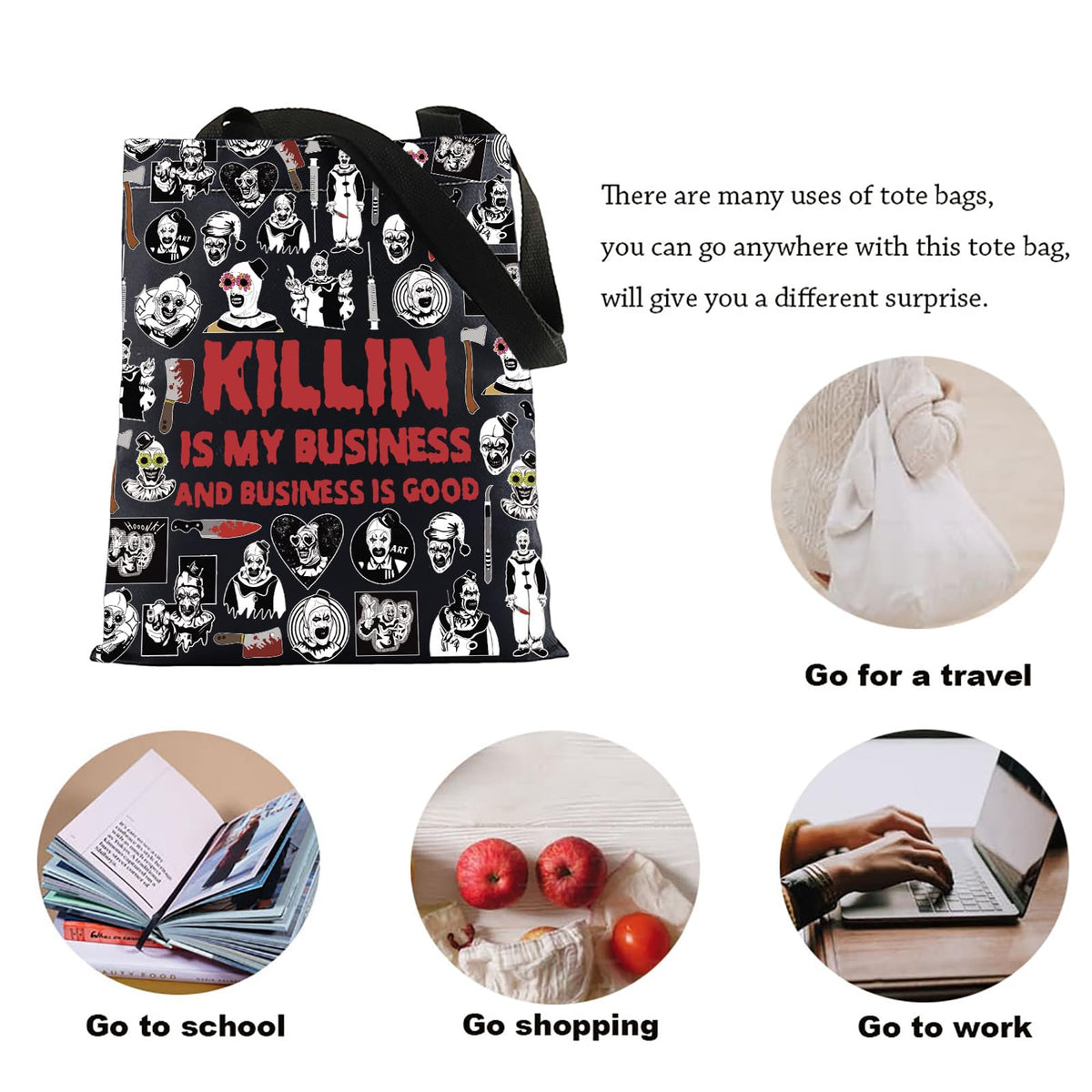 KUIYAI Clown Movie Merchandise Inspired Tote Bag KillerClown Canvas Bag Horror Movie Lover Gift Art Scary Clown Character Gift (BusinessGoodToteBlk)