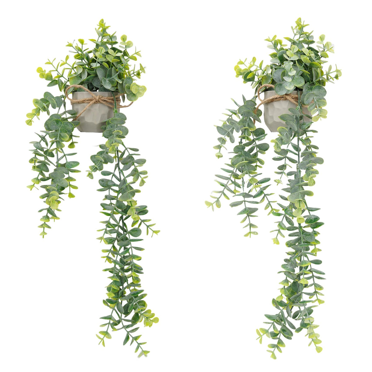 HOFMEFY Artificial Hanging Faux Eucalyptus Plants in Small Gray Geometry Cement Pots with Lanyard for Greenery Wall Shelve Decor (2PCS,Green)