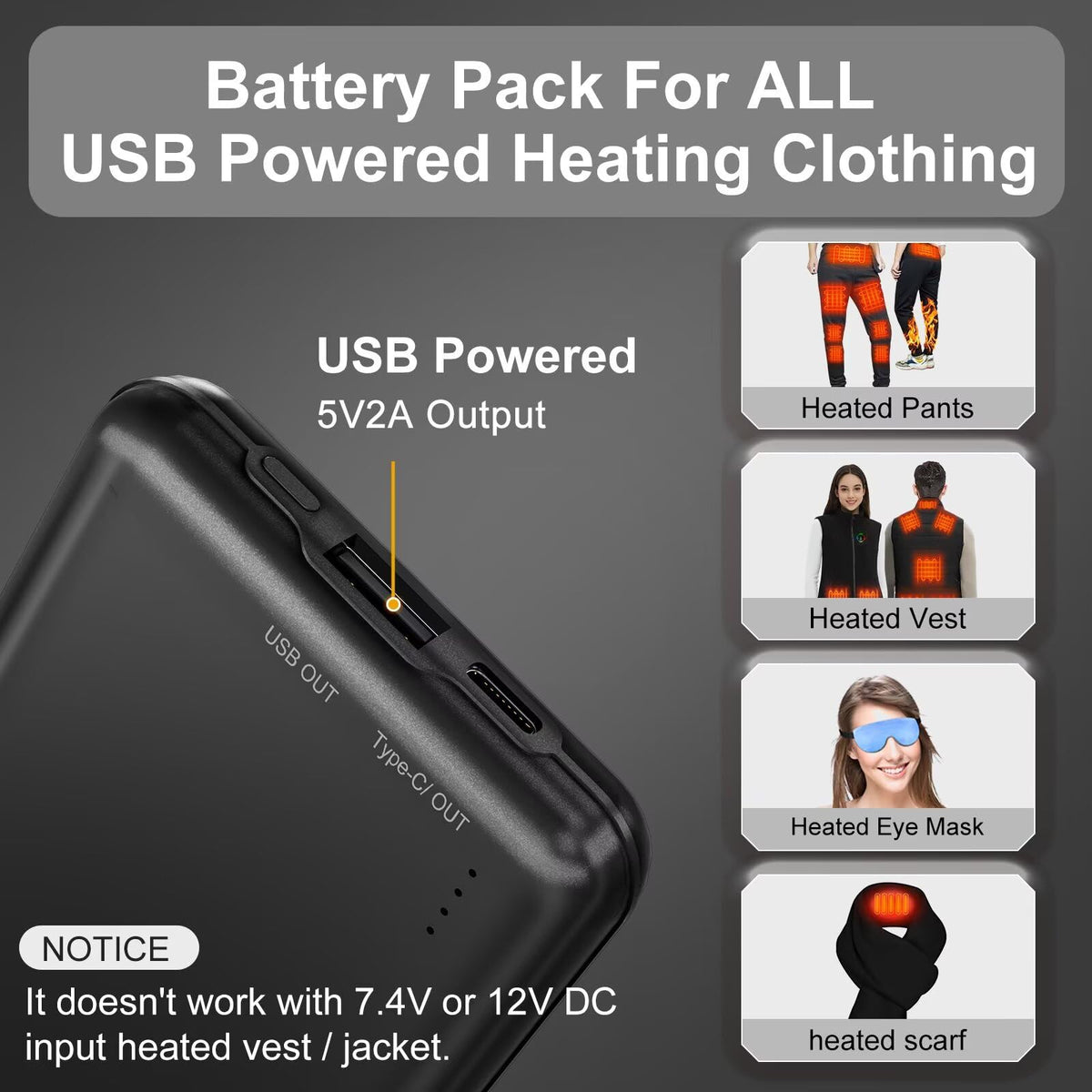 KOVNLO Battery Pack for Heated Vest, 5V 2A 10000mAh USB Power Bank with USB-C Charging Cable, Ultra Thin Portable Charger for Heated Jacket,iPhone, Android