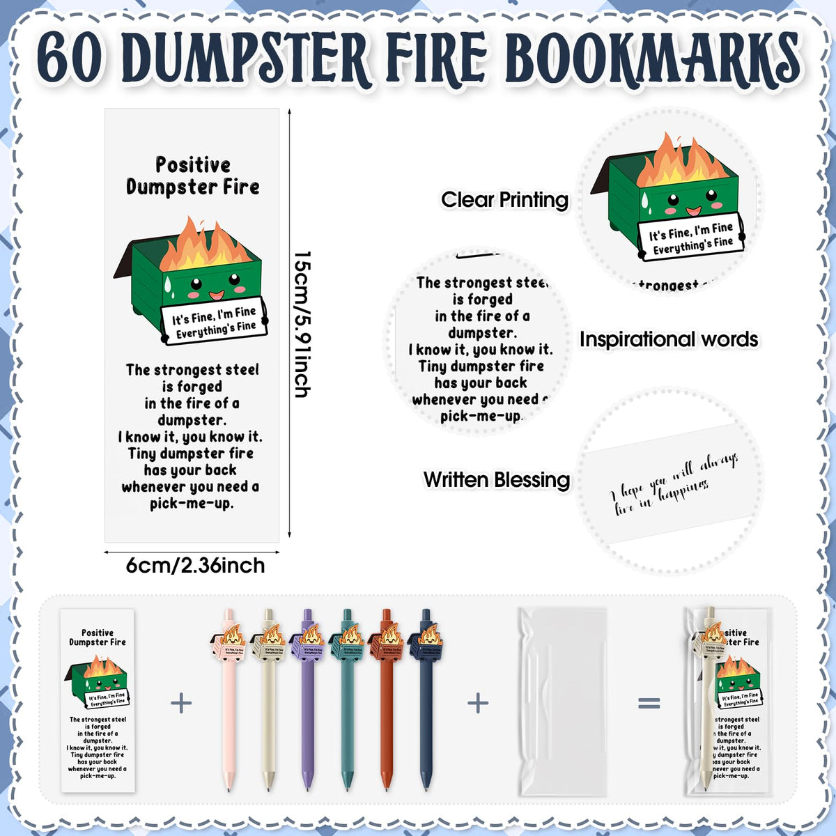 Sayglossy 60 Sets Dumpster Fire Gifts Funny Teacher Appreciation Gifts Dumpster Fire Ballpoint Pens and Emotional Support Bookmark Bulk for Volunteer Coworker Employee Office Desk Accessories
