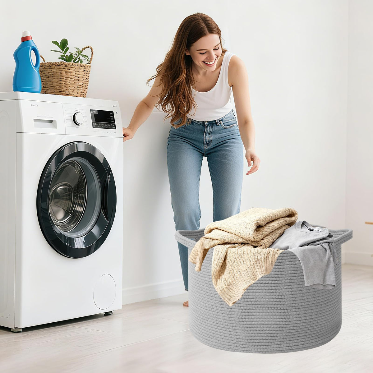 HZFTJOY 115L Extra Large Blanket Basket,Woven Rope Laundry Basket Hamper with Handles, Decorative Nursery Basket Storage Bin for Toys, Clothes Organizer, Living Room, Bedroom, Bathroom, Light Grey