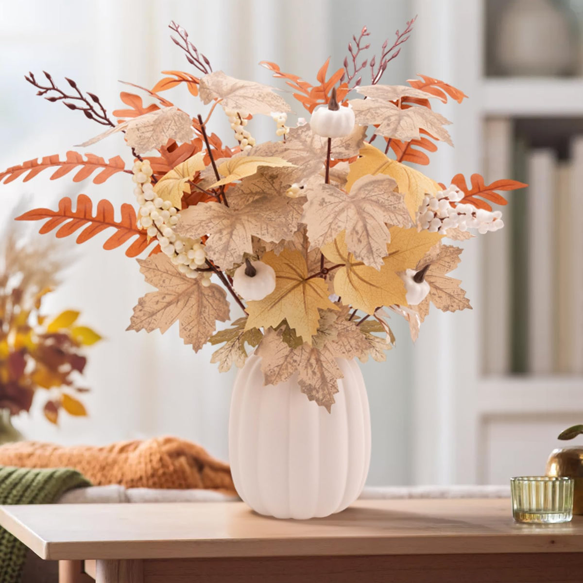 Fall Decor - Ceramic Pumpkin Vase with 15 PCS Autumn Maple Leaf Pumpkin Berry Stems - Table Centerpieces Thanksgiving Farmhouse Neutral Harvest Decorations for Home Indoor Dining Room Kitchen
