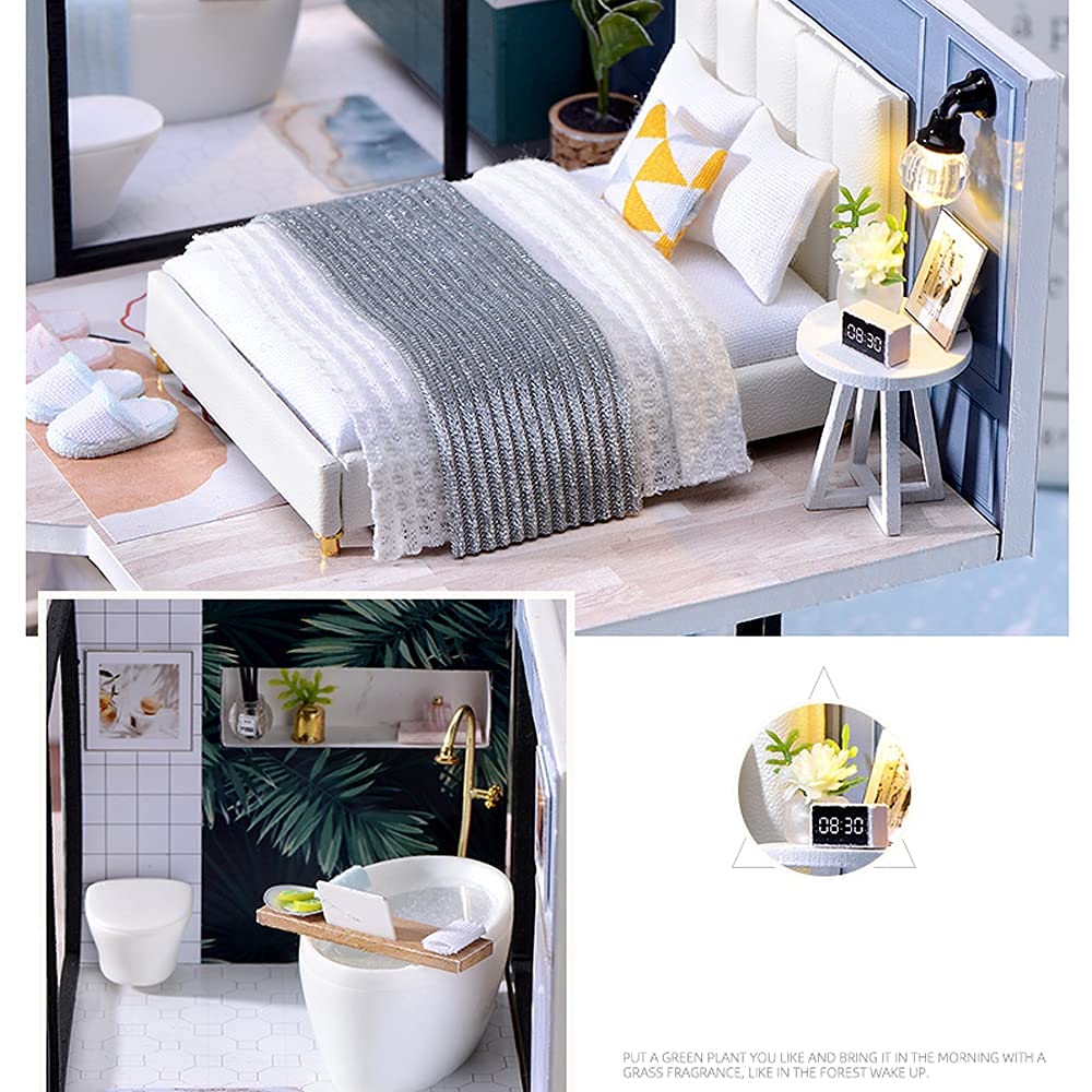 Lannso DIY Dollhouse Miniature Wooden Furniture Kit, Doll House Kit with Dust Proof Cover Music Box, Mini Handmade Wooden Dollhouse Toys for Adult Gift(L32)