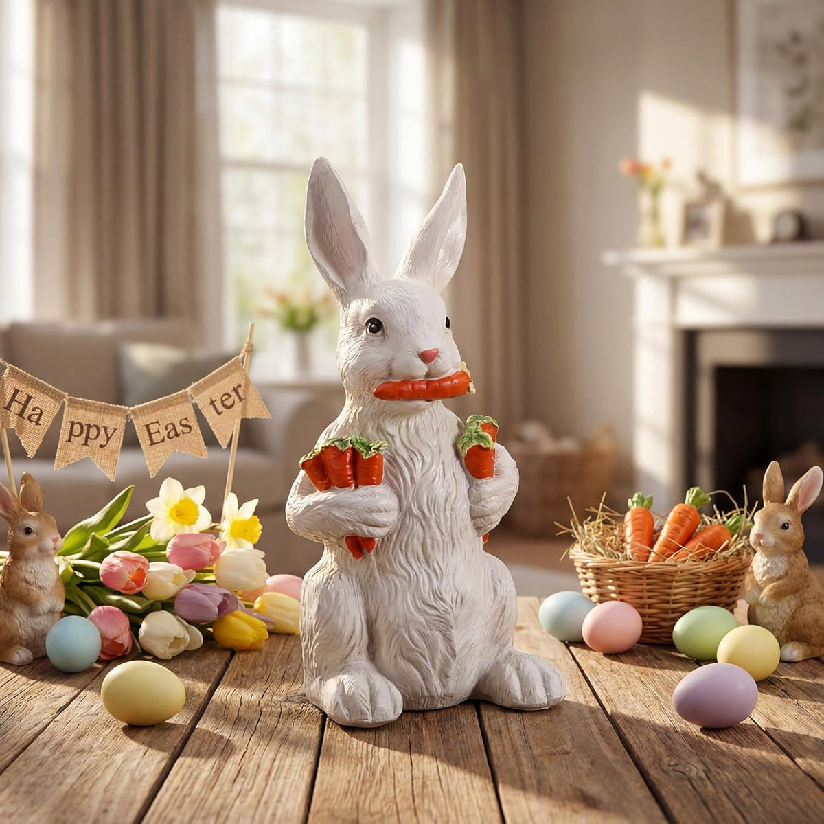 Yookeer Bunny Sculpture - 13 Inch Spring Resin Rabbit Figurine with Carrot | Easter Home Decor