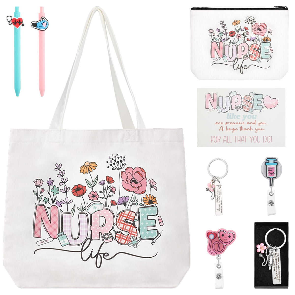 BESARME Nurse Gifts Set for Women, Nurse Essentials Graduation Gifts with Canvas Tote Bag, Keychain, Badge Reel Clips, Pens, Pouch, Greeting Card - Nurse Appreciation Gift