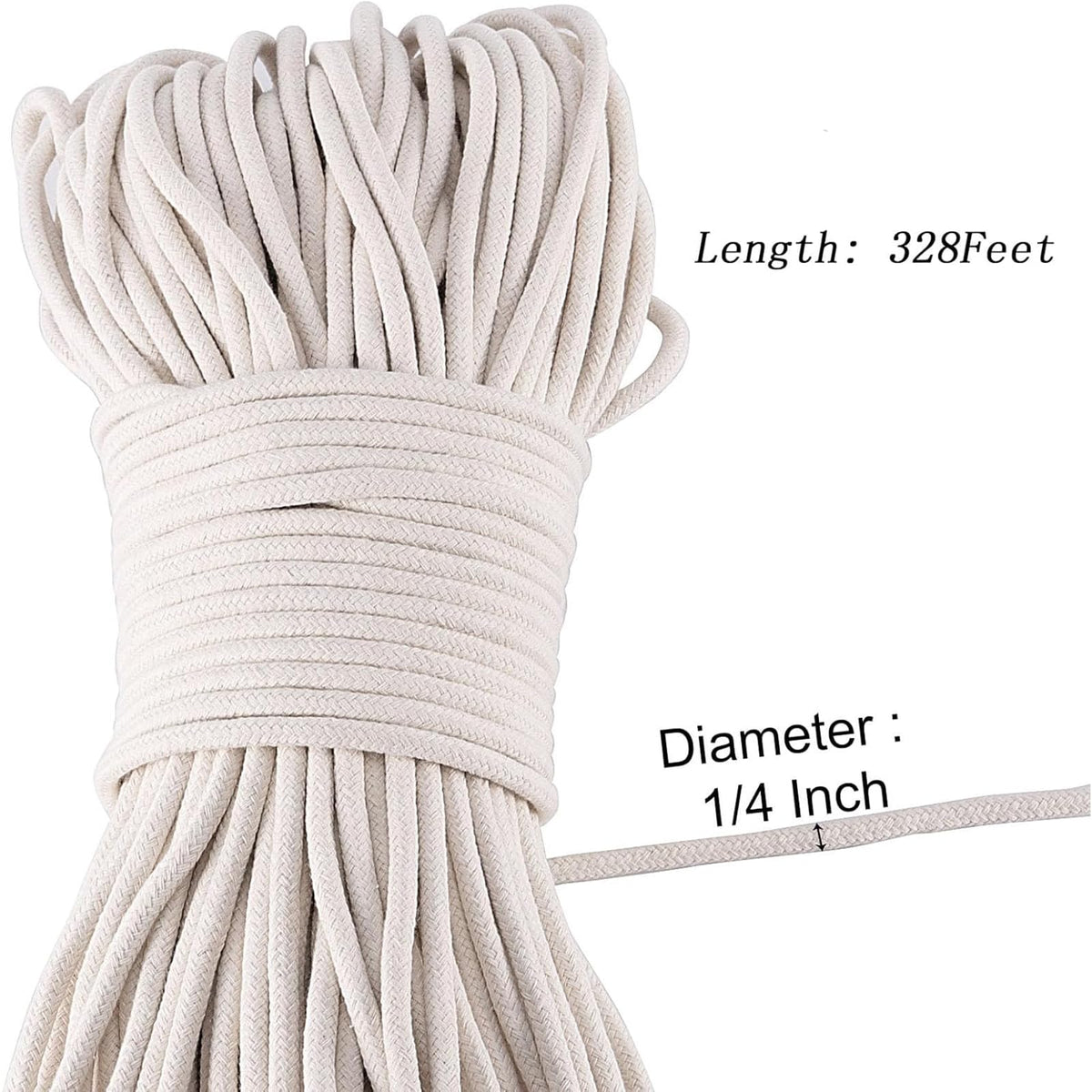 MOUYAT 328 Ft x 1/4 Inch Natural Cotton Rope, White Clothesline Cotton Cord, All Purpose Braided Cotton Cord Utility Rope for Clothes Hanging, Macrame, Plant Hanger, Knitting Crafts